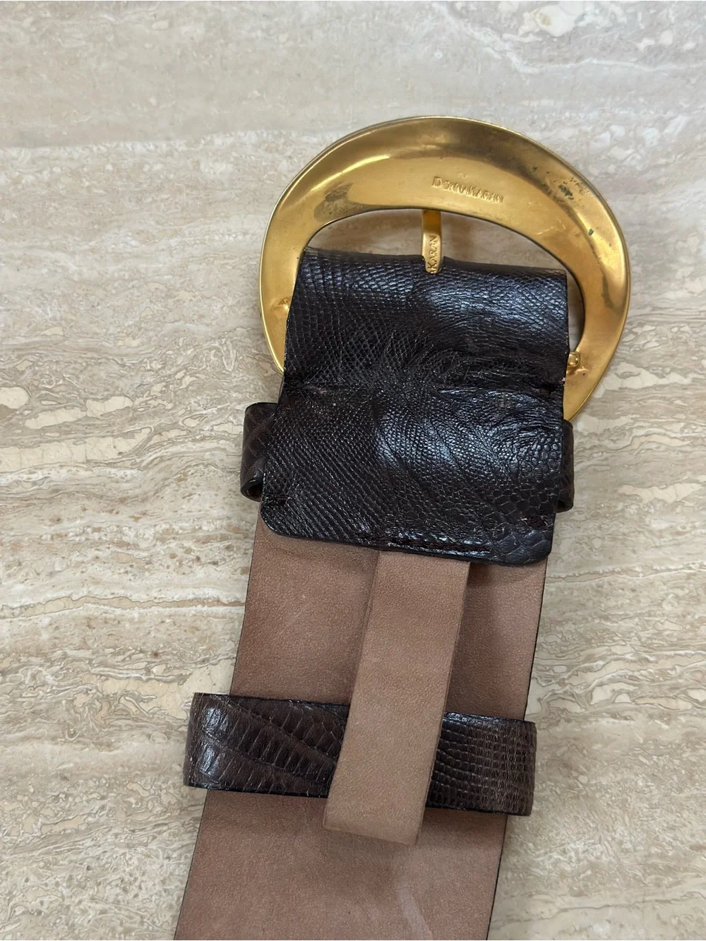 Donna Karan Dark Brown Textured Leather Belt with Gold-Tone Buckle size 29 S/M